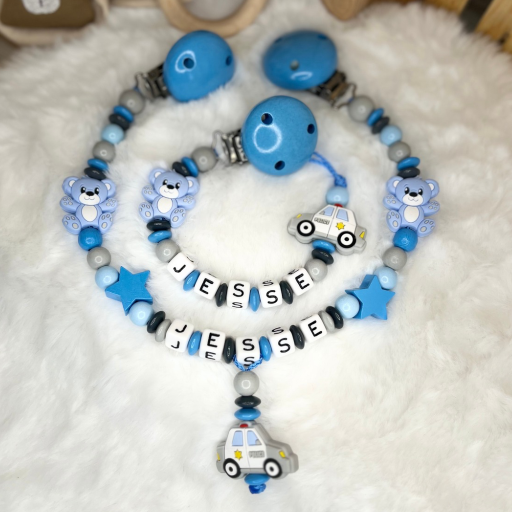 Set aus Schnullerkette & Kinderwagenkette | Teddy | Polizeiauto | Grau & Blau