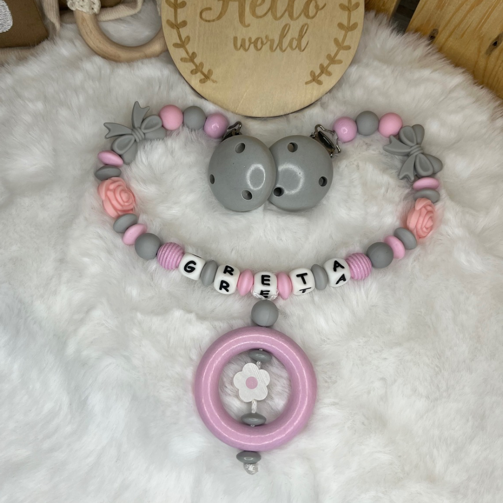 Set aus Schnullerkette & Kinderwagenkette | Schleife | Blümchen | Grau & Rosa