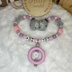 Set aus Schnullerkette & Kinderwagenkette | Schleife | Blümchen | Grau & Rosa