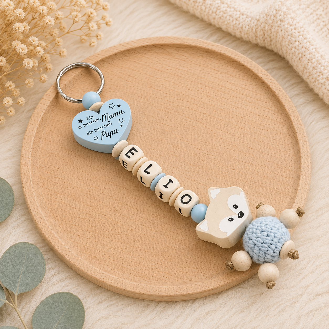 Schnullerkette Greifling Namensanhänger als Set oder einzeln mit Namen Ein bisschen Mama und Papa Junge Natur