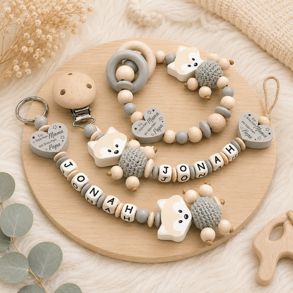 Set Greifling Schnullerkette mit Namen Ein bisschen Mama und Papa Junge Natur