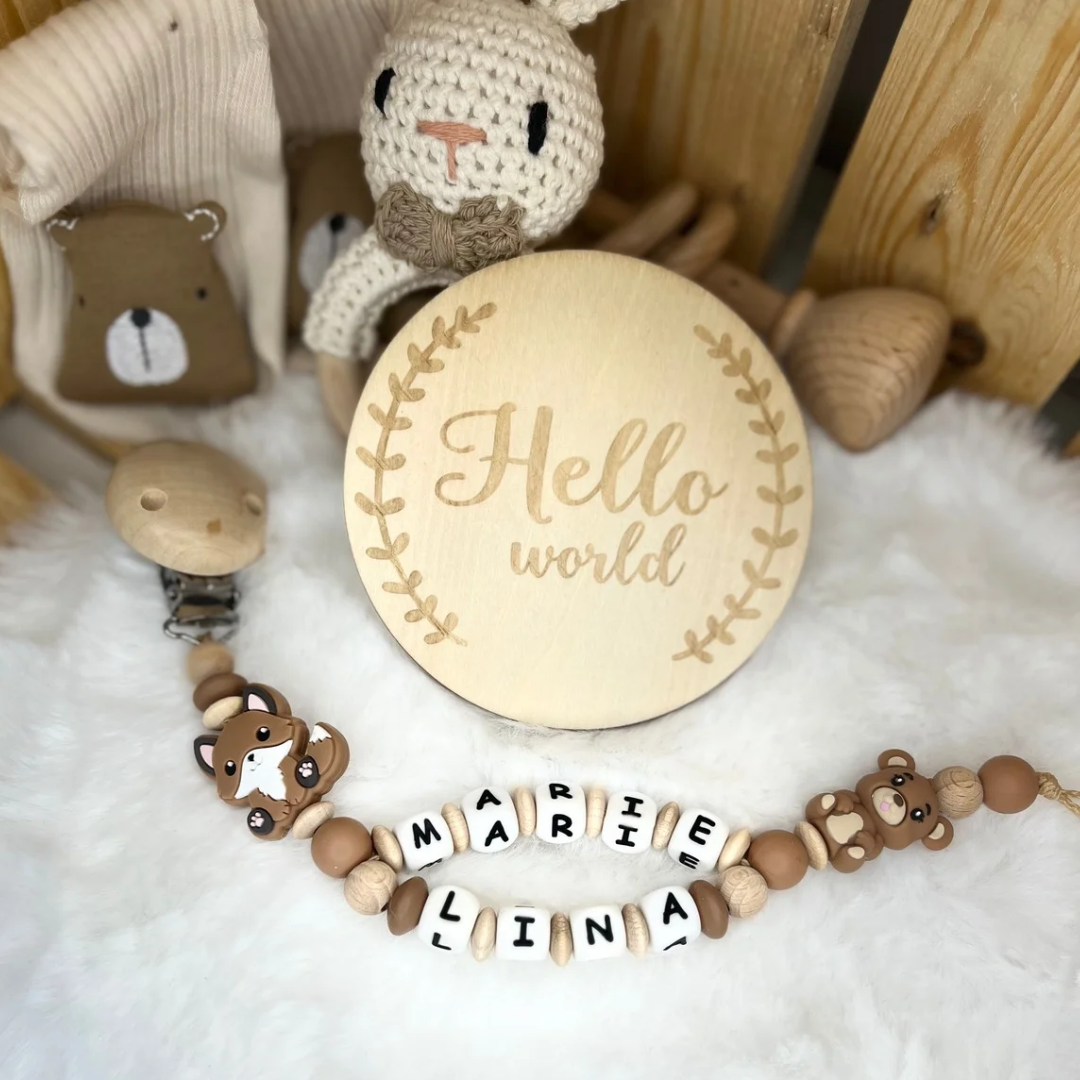 Schnullerkette mit Doppelnamen - Fuchs | Bär | Braun & Natur