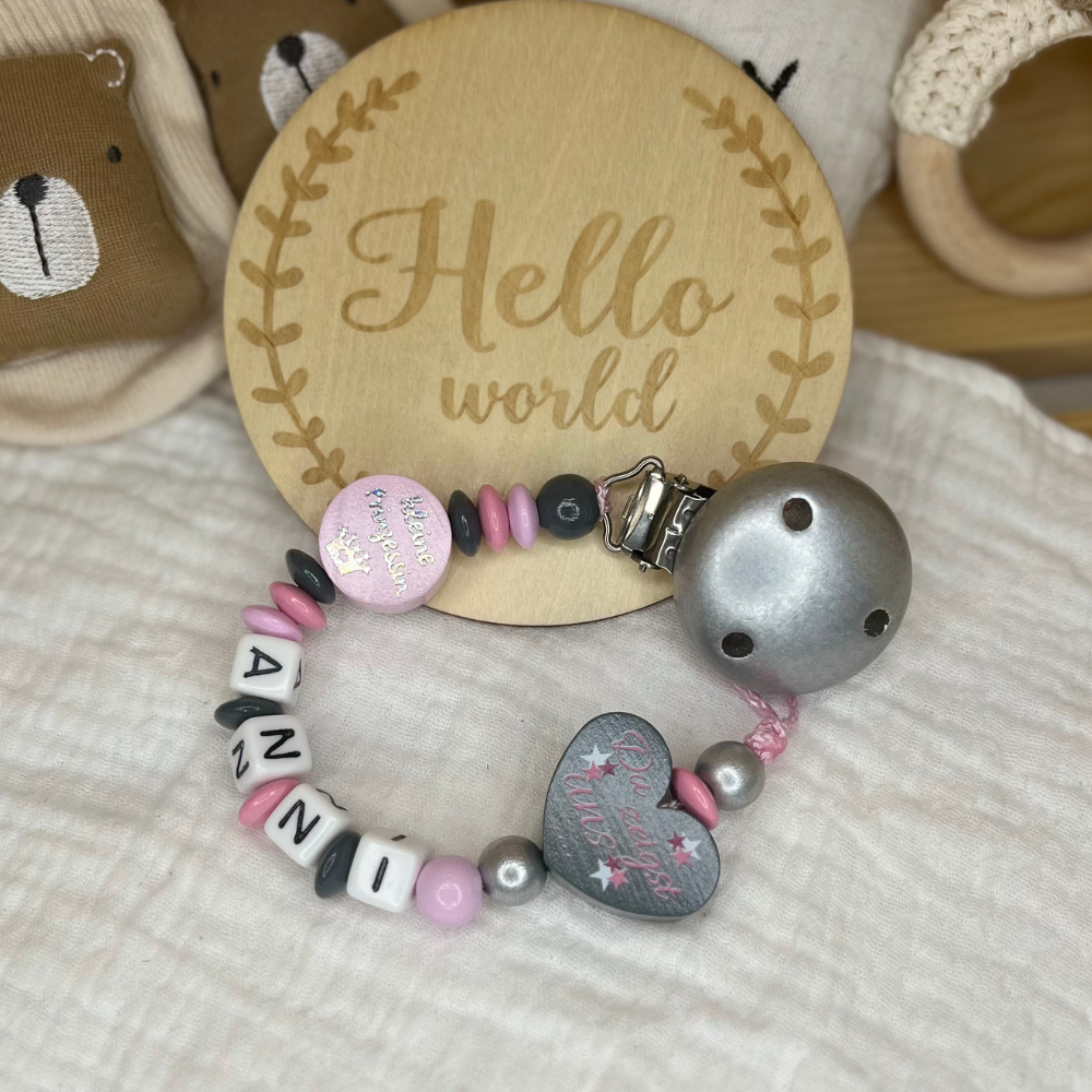 Schnullerkette - Rosa | Kleine Prinzessin | Grau