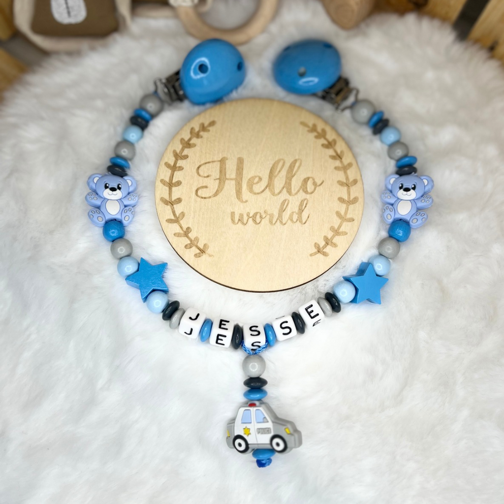 Set aus Schnullerkette & Kinderwagenkette | Teddy | Polizeiauto | Grau & Blau