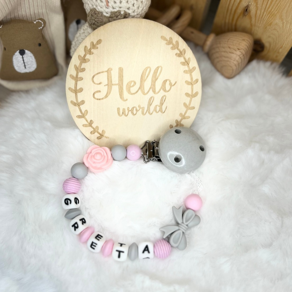 Set aus Schnullerkette & Kinderwagenkette | Schleife | Blümchen | Grau & Rosa