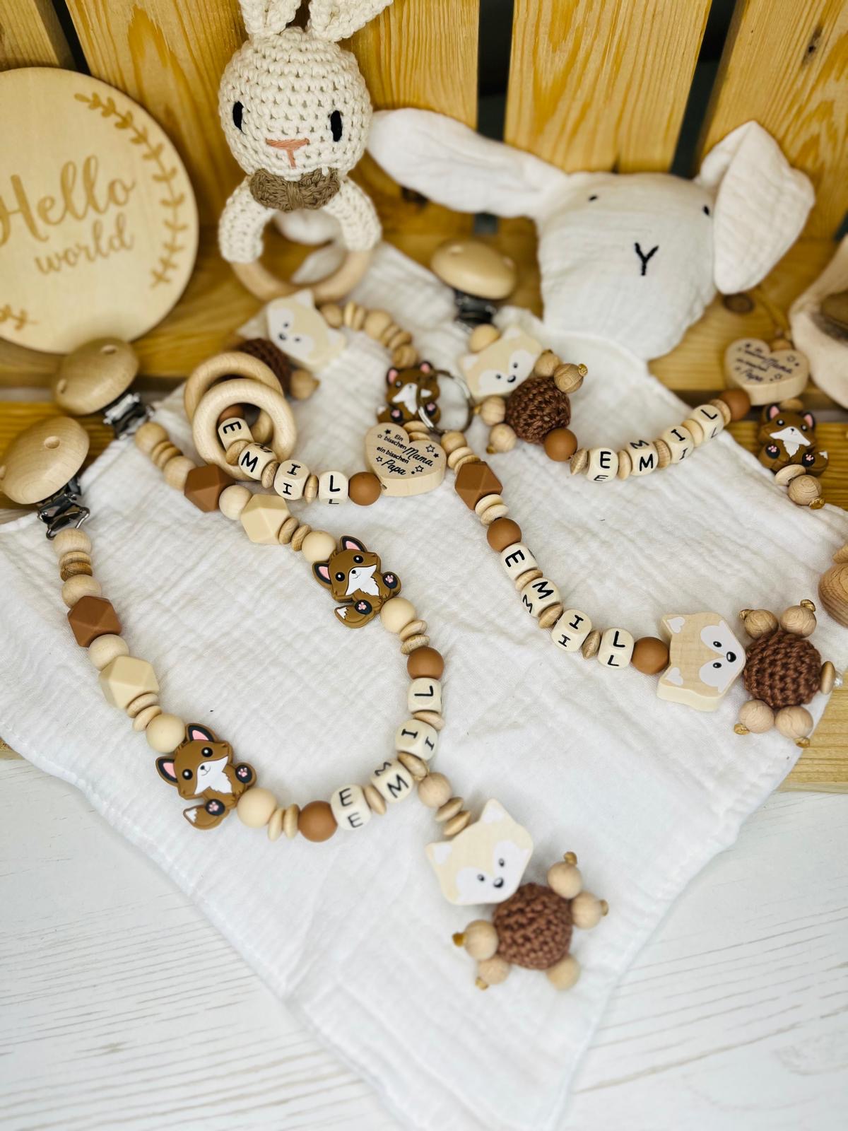Schnullerkette Nuckelkette personalisiert mit Namen Mädchen Junge Fuchs Naturtöne