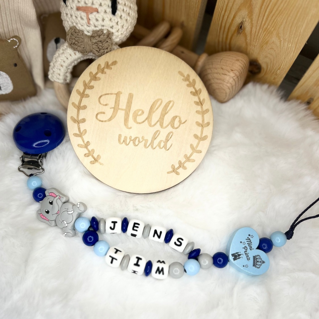 Schnullerkette mit Doppelnamen - Mini Prinz | Elefant | Blau & Grau