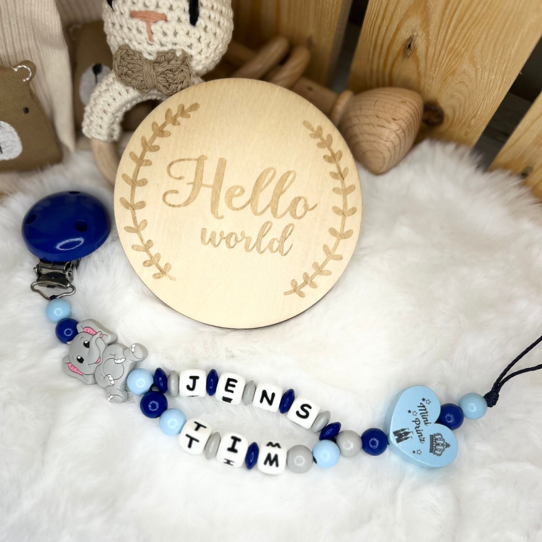 Schnullerkette mit Doppelnamen - Mini Prinz | Elefant | Blau & Grau