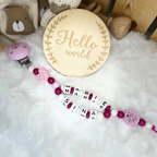 Schnullerkette mit Doppelnamen - Kleine Schwester | Herz | Rosa, Pink & Weiß
