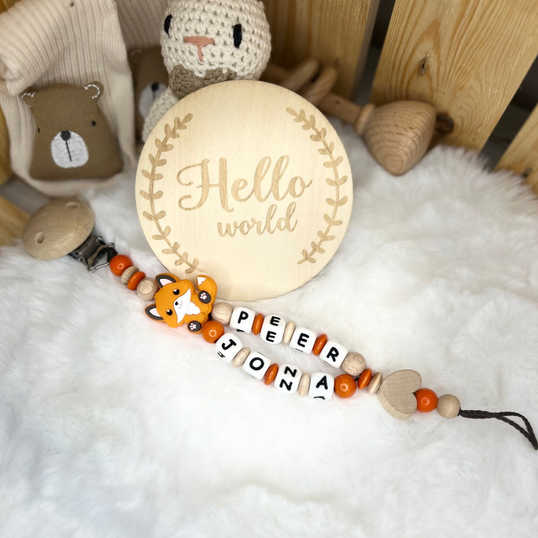 Schnullerkette mit Doppelnamen - Fuchs | Herz | Orange & Natur