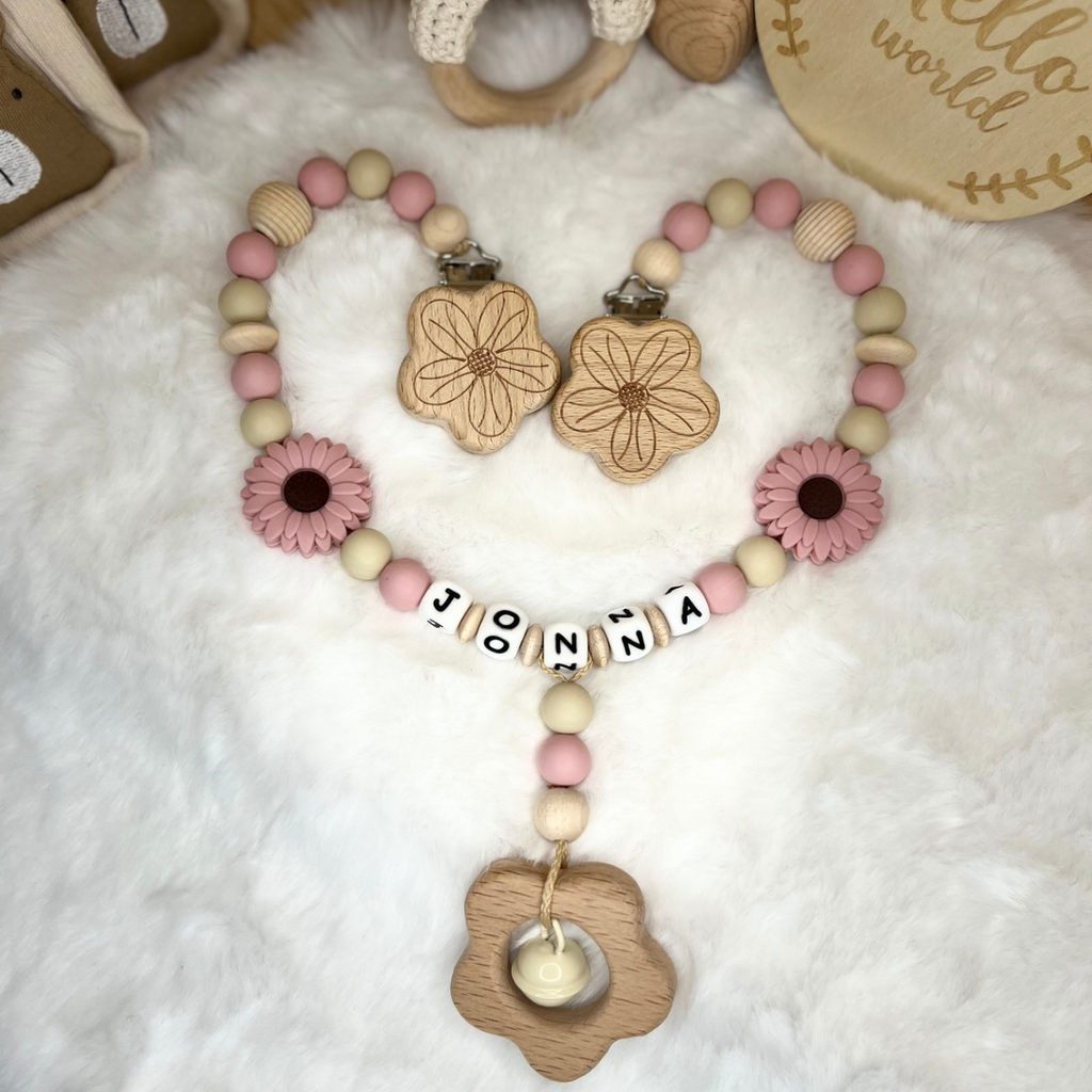 Set aus Schnullerkette & Kinderwagenkette | Blümchen | Natur & Blush