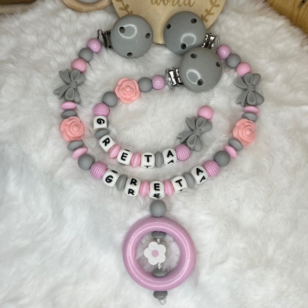 Set aus Schnullerkette & Kinderwagenkette | Schleife | Blümchen | Grau & Rosa