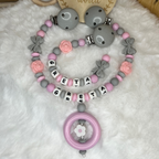 Set aus Schnullerkette & Kinderwagenkette | Schleife | Blümchen | Grau & Rosa