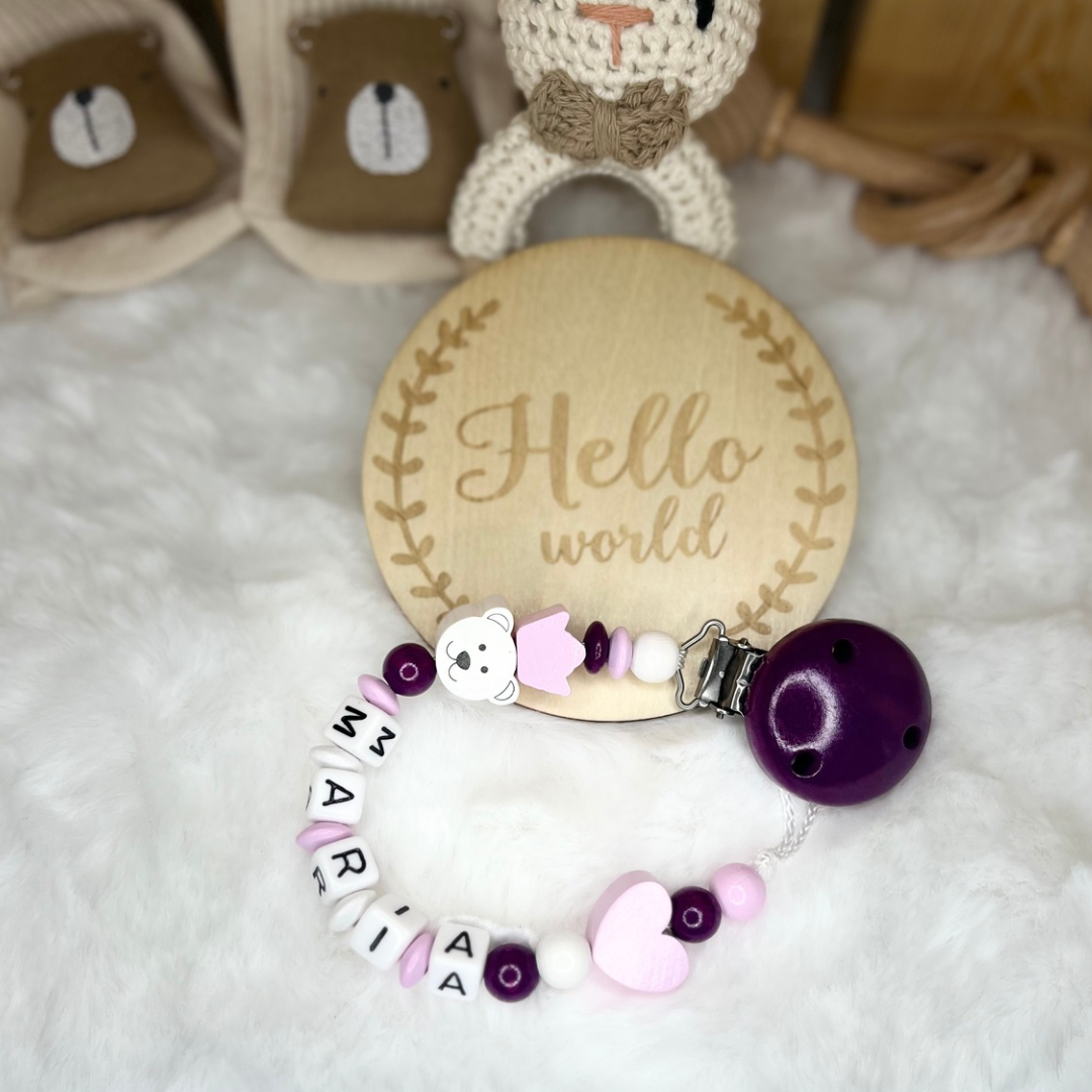 Set aus Schnullerkette & Kinderwagenkette | Herz | Teddybär | Rosa, Violett & Weiß