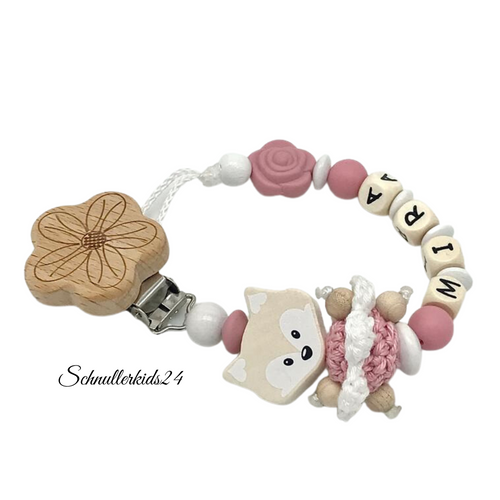 Schnullerkette personalisiert mit Namen für Mädchen - Fuchs Blume -Geschenk Geburt Taufe