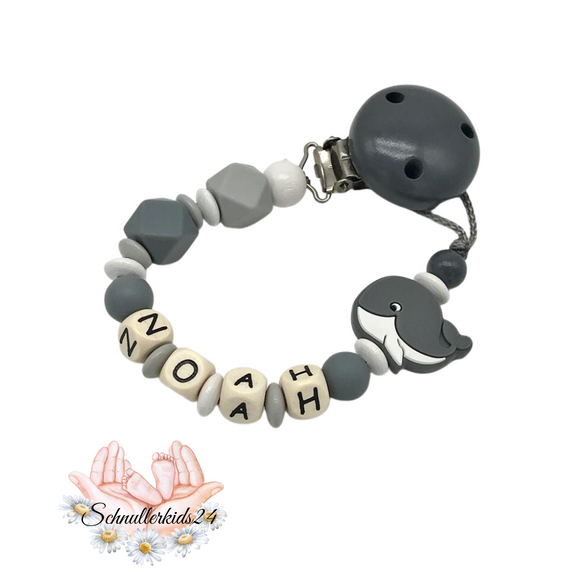 Schnullerkette mit Name und Wal, Geschenk zur Geburt, Taufe
