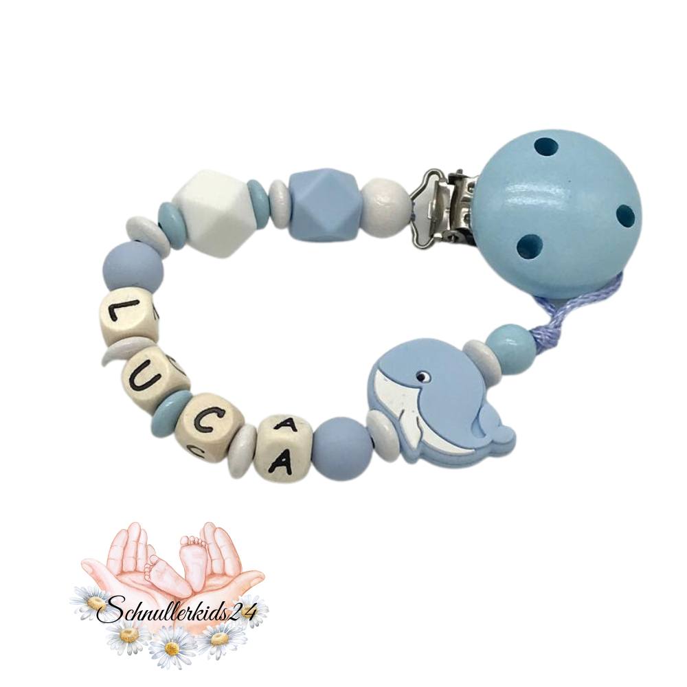 Schnullerkette mit Name und Wal in babyblau, weiß, Geschenk zur Geburt, Taufe