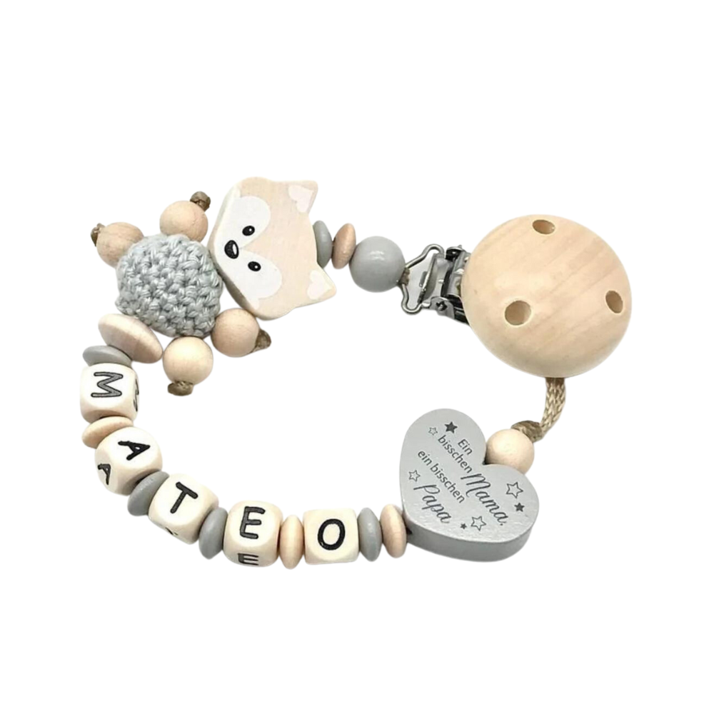 Schnullerkette mit Namen - Geschenk zur Geburt Taufe Babyparty - grau - Fuchs