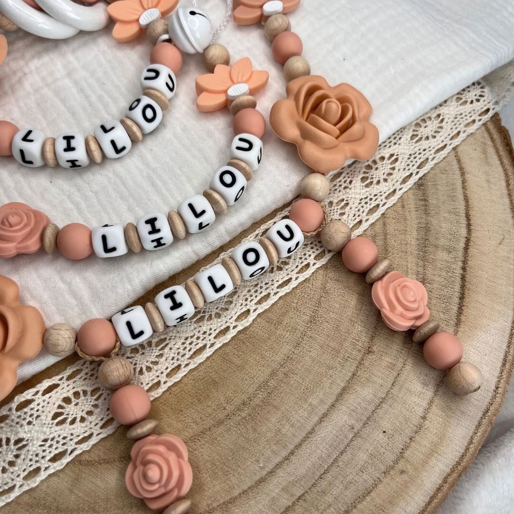 3er Set – Personalisierte Schnullerkette, Greifling & Kinderwagenkette - Blume - Baby Mädchen