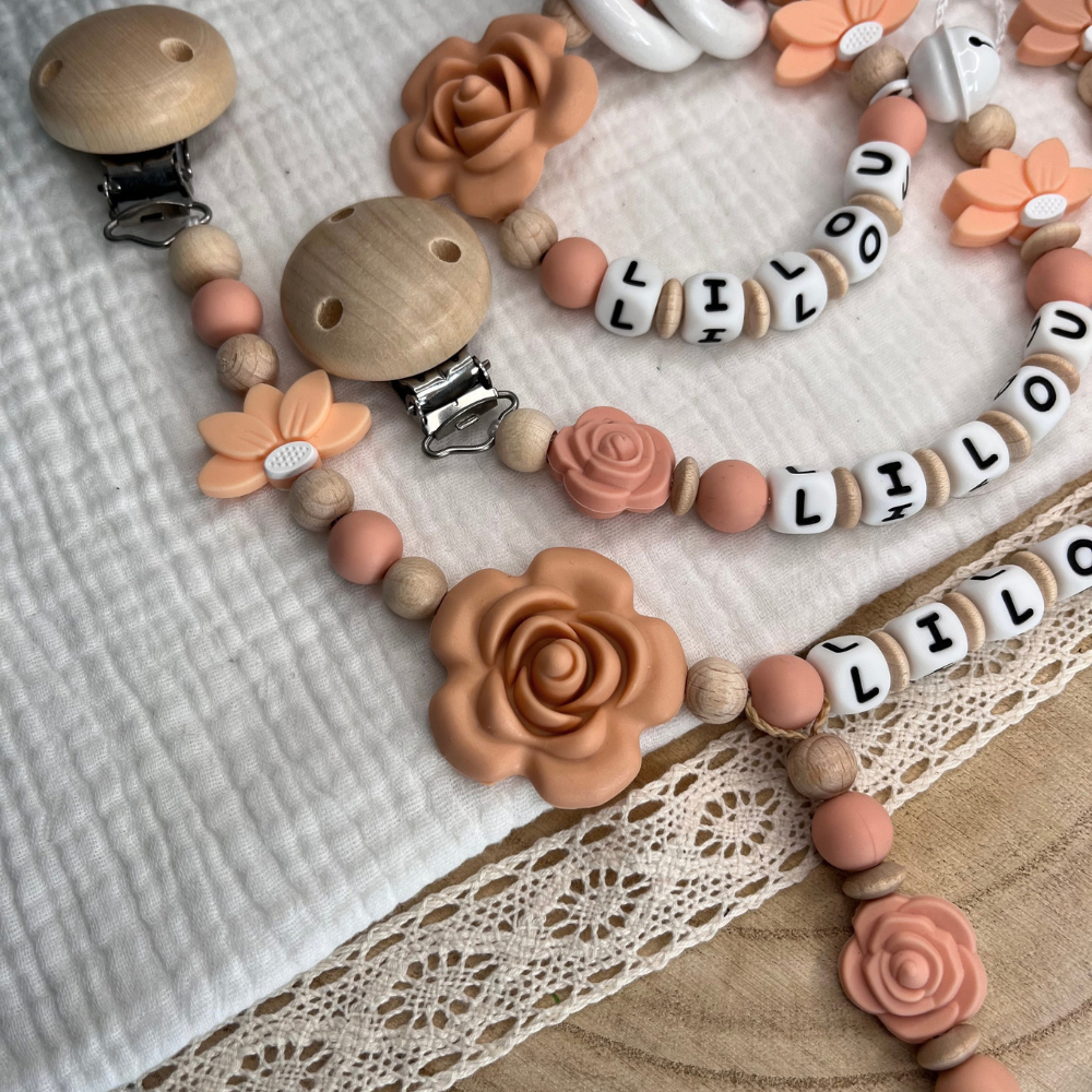 3er Set – Personalisierte Schnullerkette, Greifling & Kinderwagenkette - Blume - Baby Mädchen