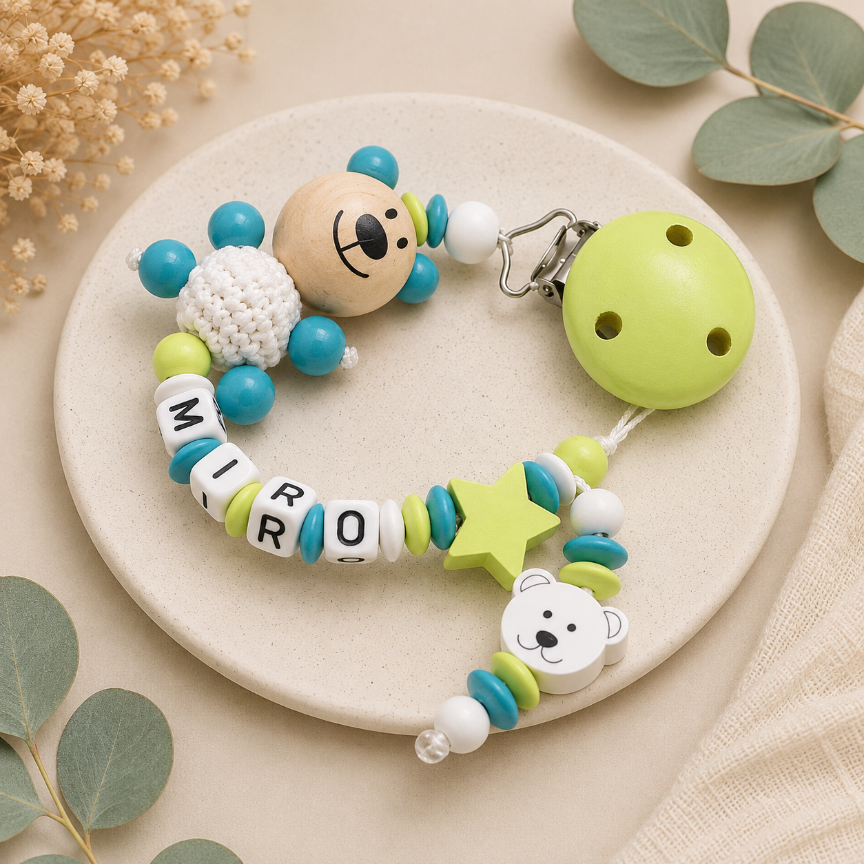 Baby Geschenke Set 3-teilig Schnullerkette Greifling und Namensanhänger Schlüsselanhänger