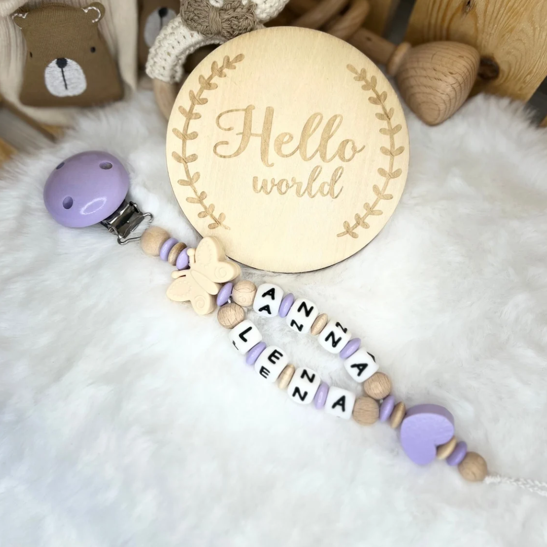 Schnullerkette mit Doppelnamen - Herz | Schmetterling | Lila & Natur