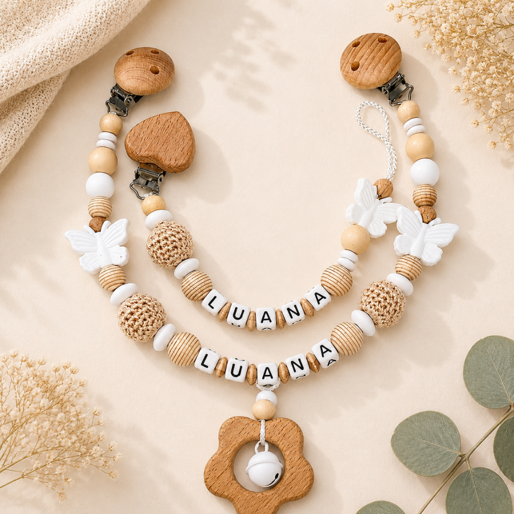 Baby Geschenkeset mit Namen | Schnullerkette, Greifling & Kinderwagenkette | Personalisiertes Babygeschenk zur Geburt & Taufe