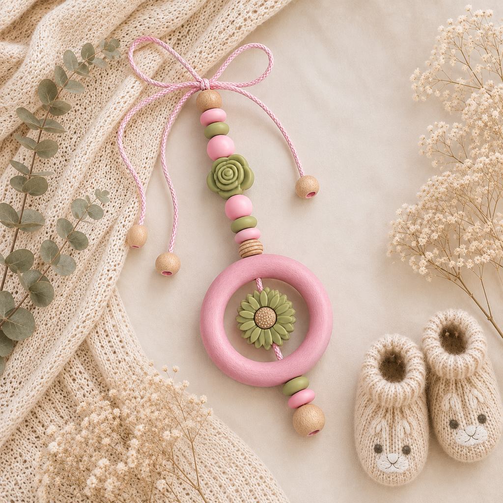 Babyschalenanhänger Rose & Sonnenblume – Blumenmotiv in Rosa und Grün