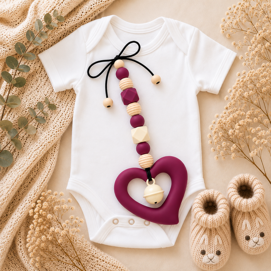 Babyschalenanhänger Herz mit Glöckchen in Weinrot – Handgemacht