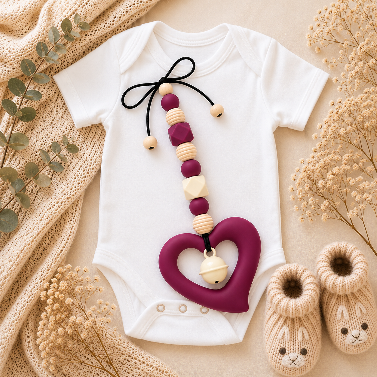 Babyschalenanhänger Herz mit Glöckchen in Weinrot – Handgemacht