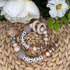 Schnullerkette mit Name mit Bär und Häkelperle, Geschenk zur Geburt