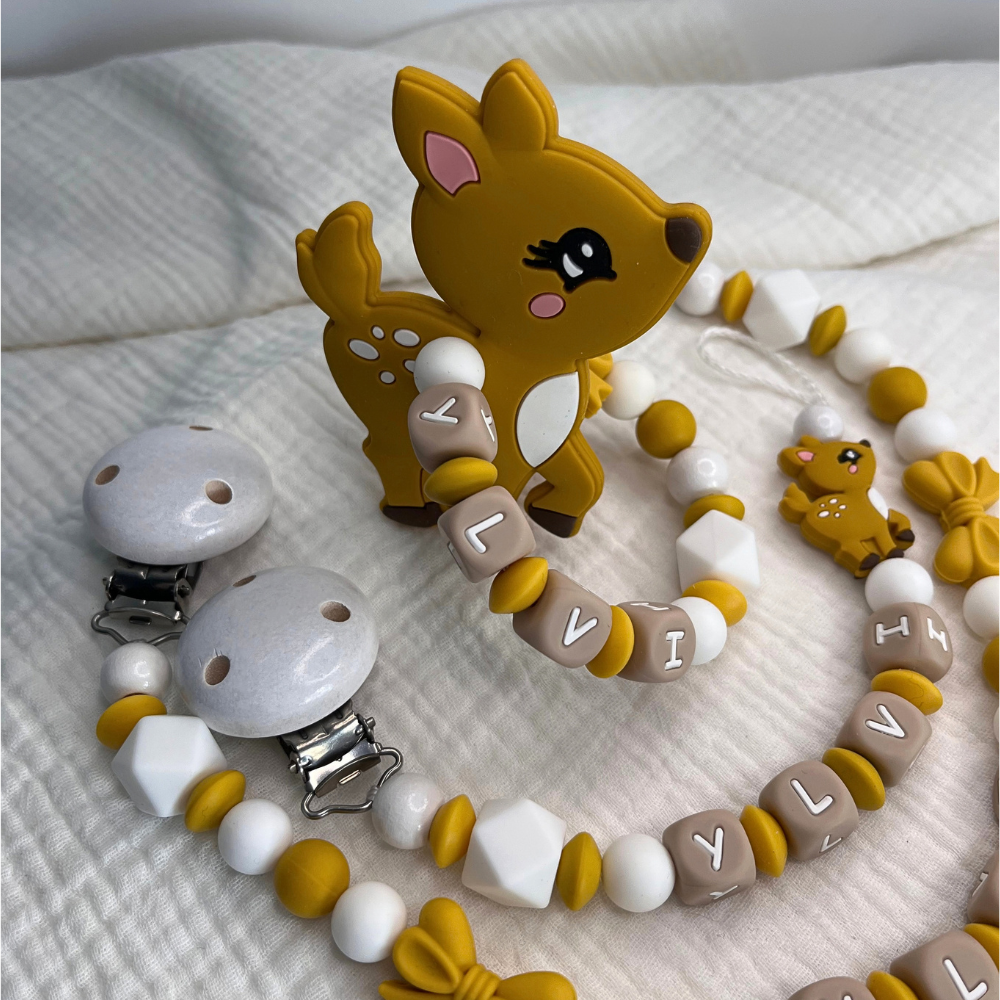 3er Set – Personalisierte Schnullerkette, Greifling & Kinderwagenkette - Reh - Baby Junge Mädchen