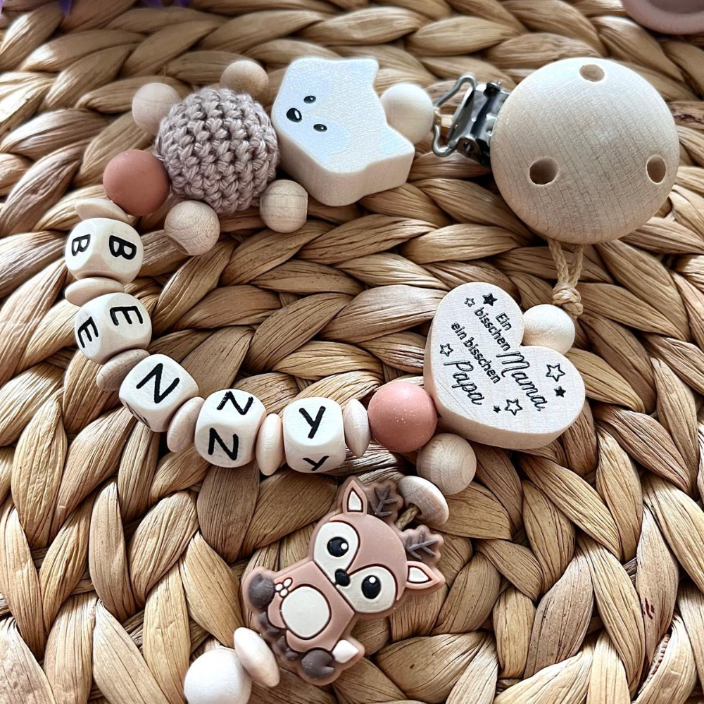 Schnullerkette personalisiert, Schnullerkette Mädchen,Junge, Babygeschenk Geburt, Eichhörchen, Reh,Schnullerkette mit Namen, Geschenk Geburt,