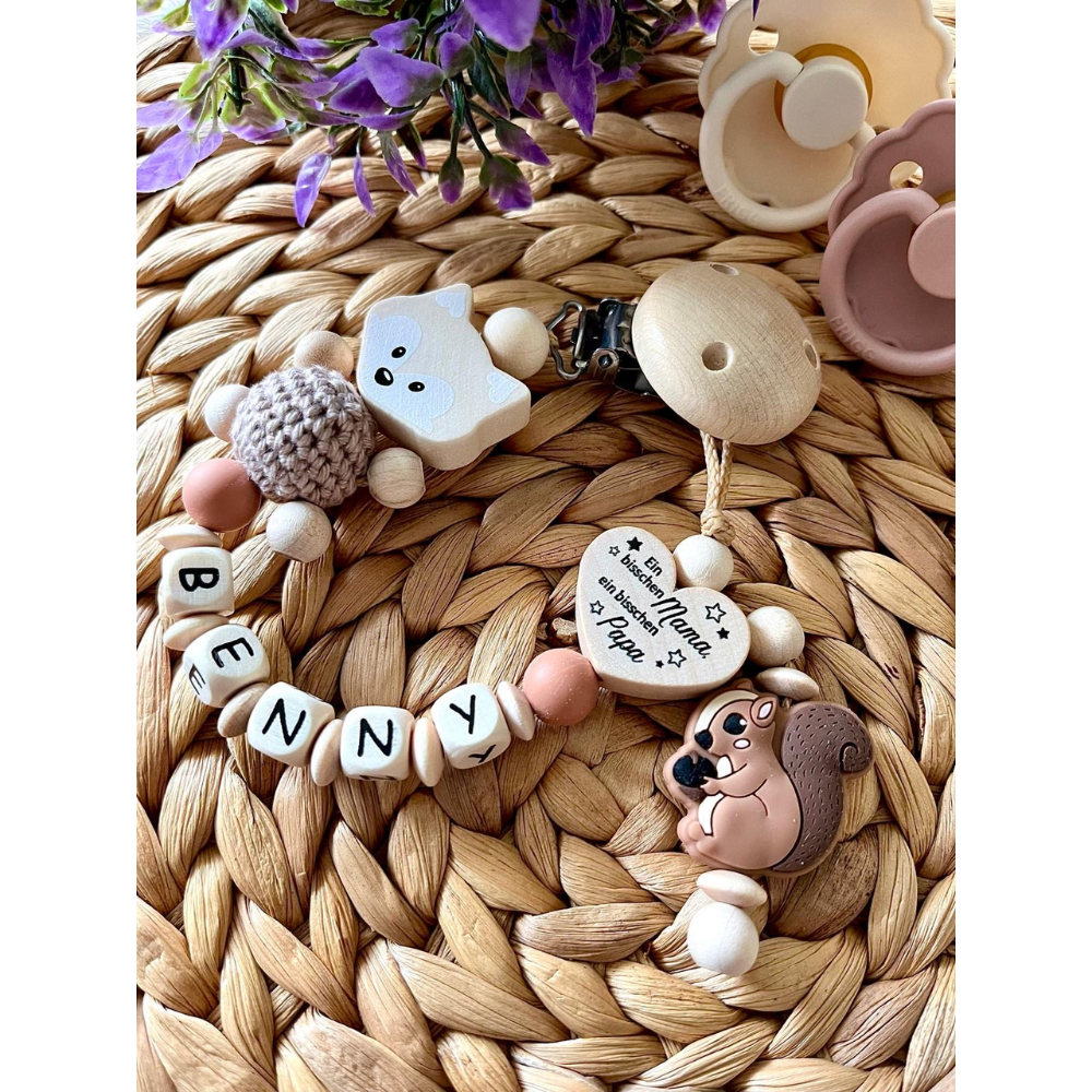 Schnullerkette personalisiert, Schnullerkette Mädchen,Junge, Babygeschenk Geburt, Eichhörchen, Reh,Schnullerkette mit Namen, Geschenk Geburt,