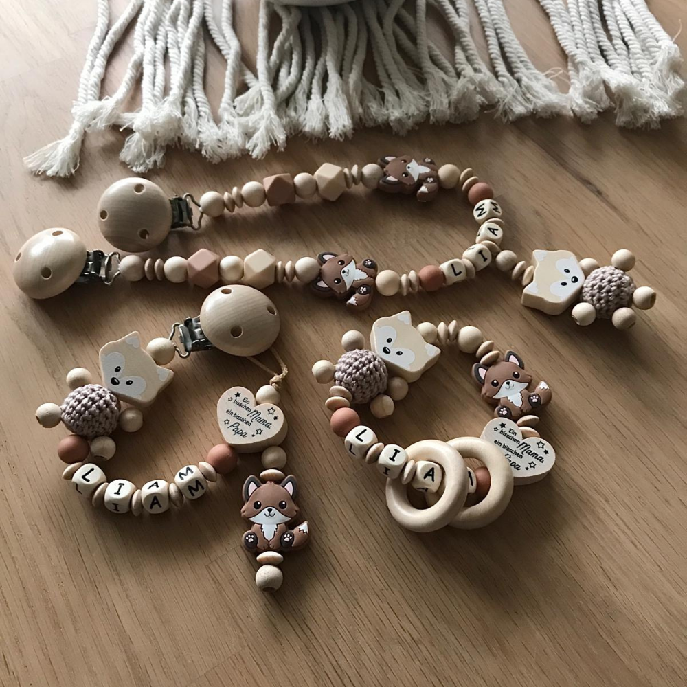 Schnullerkette mit Namen, Greifling, Kinderwagenekette personalisiert, Geschenkeset für Jungen und Mädchen, Fuchs