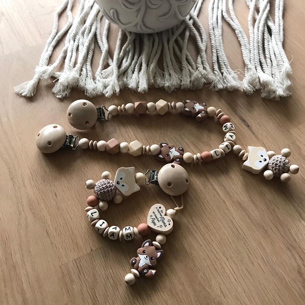 Schnullerkette mit Namen, Greifling, Kinderwagenekette personalisiert, Geschenkeset für Jungen und Mädchen, Fuchs