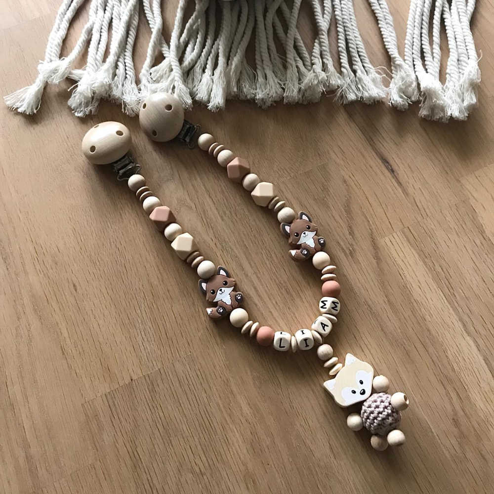 Schnullerkette mit Namen, Greifling, Kinderwagenekette personalisiert, Geschenkeset für Jungen und Mädchen, Fuchs