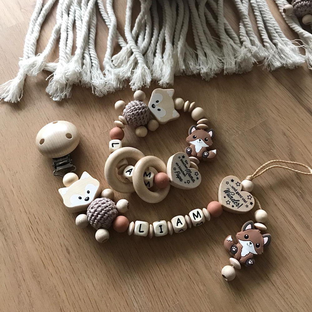 Schnullerkette mit Namen, Greifling, Kinderwagenekette personalisiert, Geschenkeset für Jungen und Mädchen, Fuchs