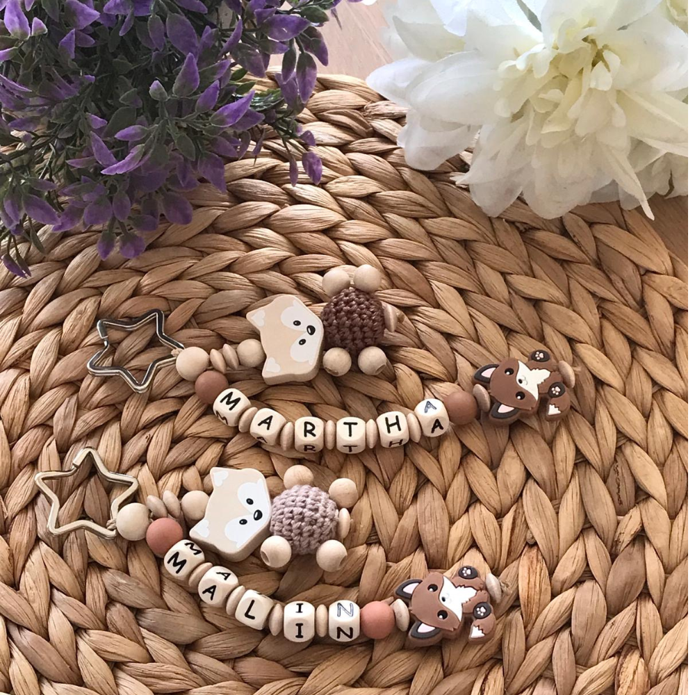 Schlüsselanhänger mit Name 3D Fuchs für Junge + Mädchen personalisiert Schulranzen Baby Kind Kindergartentasche Wickeltasche Namensanhänger