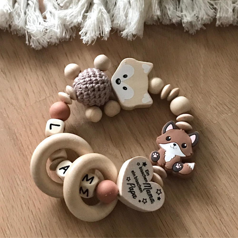 Schnullerkette mit Namen, Greifling, Kinderwagenekette personalisiert, Geschenkeset für Jungen und Mädchen, Fuchs