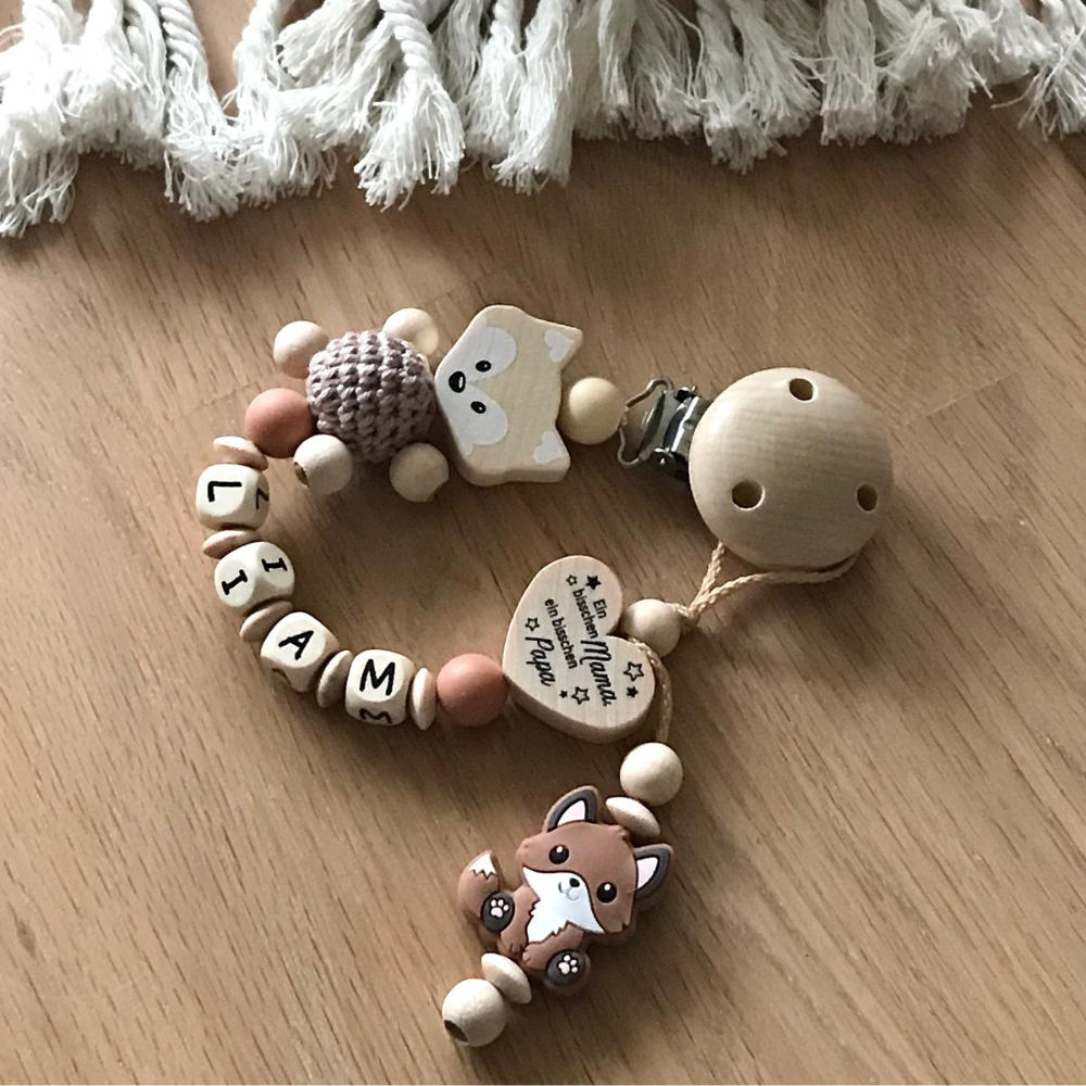 Schnullerkette mit Namen, Greifling, Kinderwagenekette personalisiert, Geschenkeset für Jungen und Mädchen, Fuchs