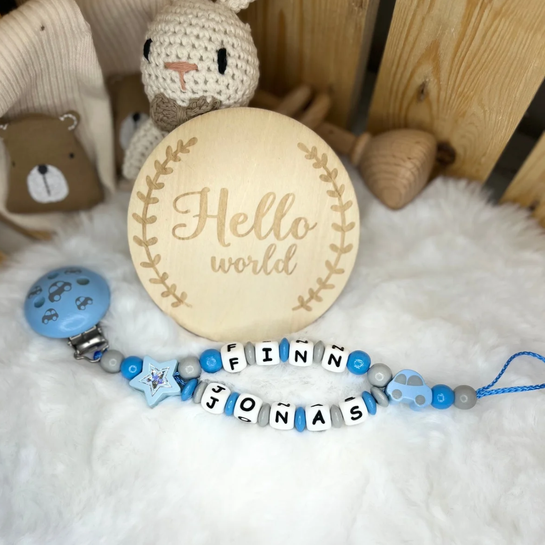 Schnullerkette mit Doppelnamen - Stern | Auto | Grau & Blau