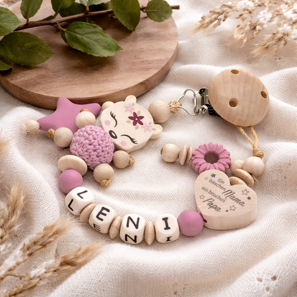Personalisierte Schnullerkette mit Namen – Holz & Silikon – Baby Mädchen Blush – Reh Design