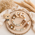 Personalisiertes Baby Geschenkset mit Namen  – Schnullerkette & Greifring aus Holz & Silikon