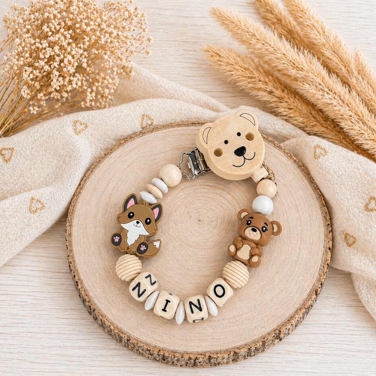 Personalisiertes Baby Geschenkset mit Namen  – Schnullerkette & Greifring aus Holz & Silikon