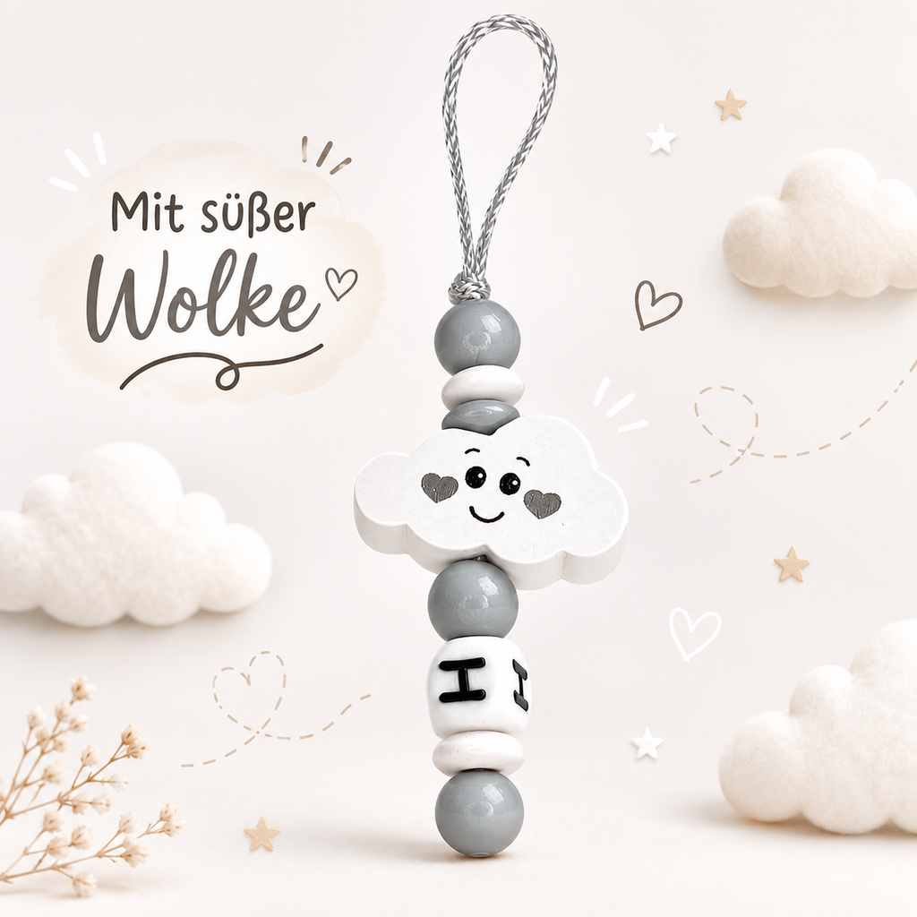 Schnullerkette mit Namen für Jungen | personalisiert | Fuchs Wolke | Weiß Grau | Geschenk Geburt