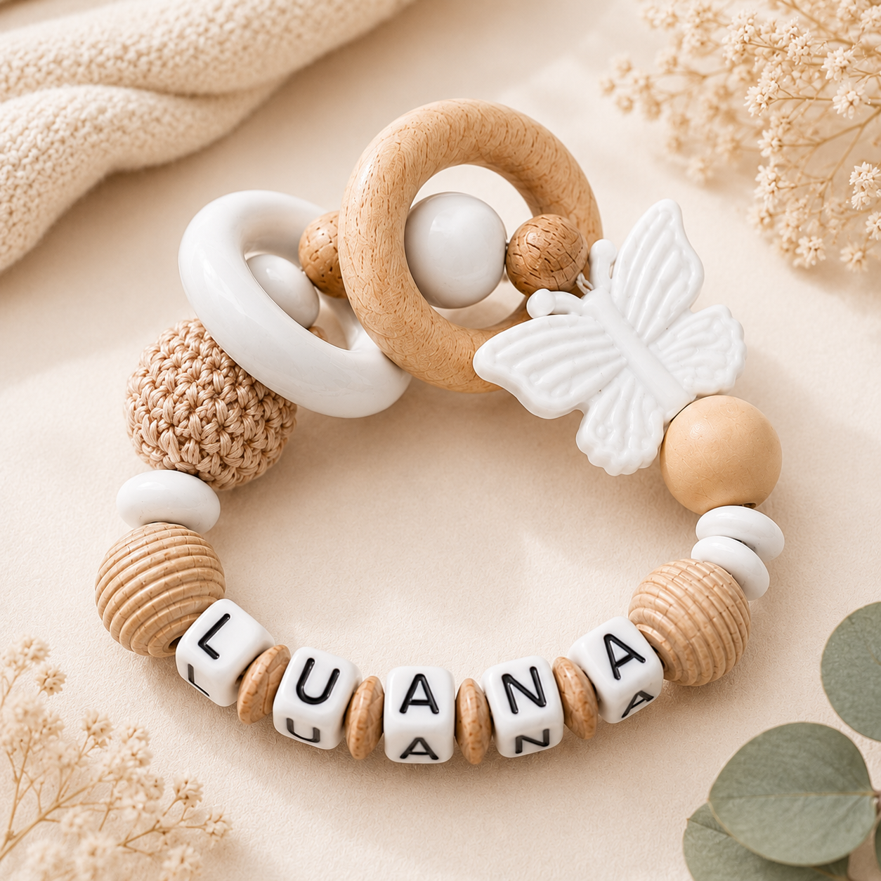 Baby Geschenkeset mit Namen | Schnullerkette, Greifling & Kinderwagenkette | Personalisiertes Babygeschenk zur Geburt & Taufe
