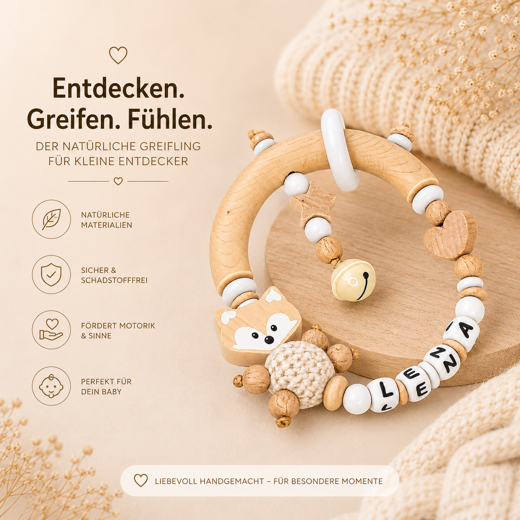 Greifling mit Namen – Fuchs Natur Weiß | Personalisiertes Baby Geschenk