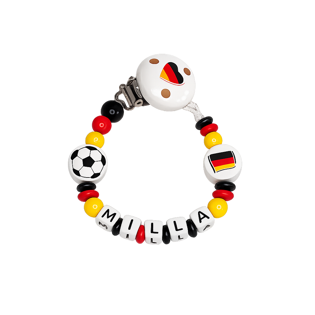 personalisierte Schnullerkette mit Namen - Holz - Baby Junge & Mädchen - Viele Farben - Fußball