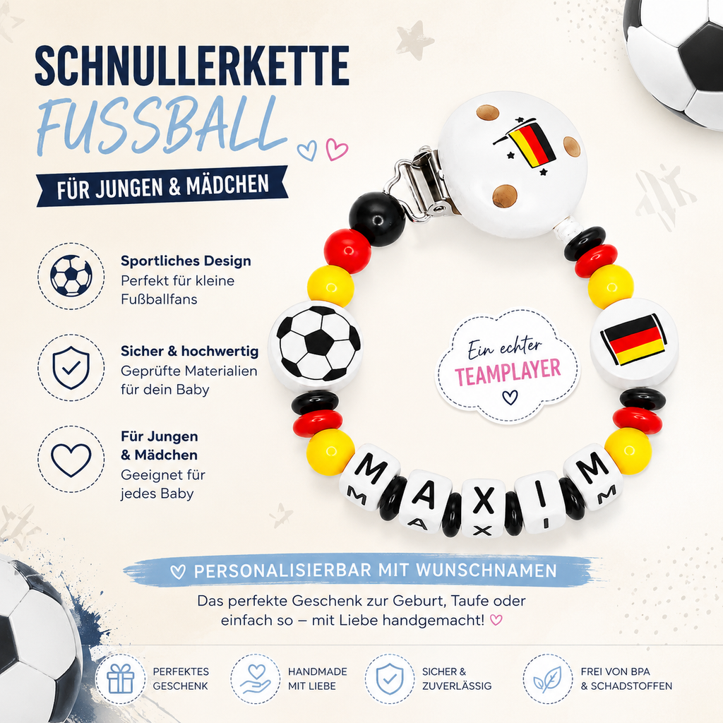 personalisierte Schnullerkette mit Namen - Holz - Baby Junge & Mädchen - Viele Farben - Fußball